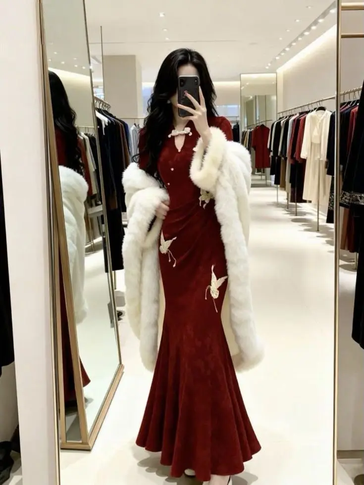 

Китайское платье Ципао с высоким разрезом в этническом стиле, длинное шелковое платье Ципао для свидания, подходит для женщин 25–35 лет