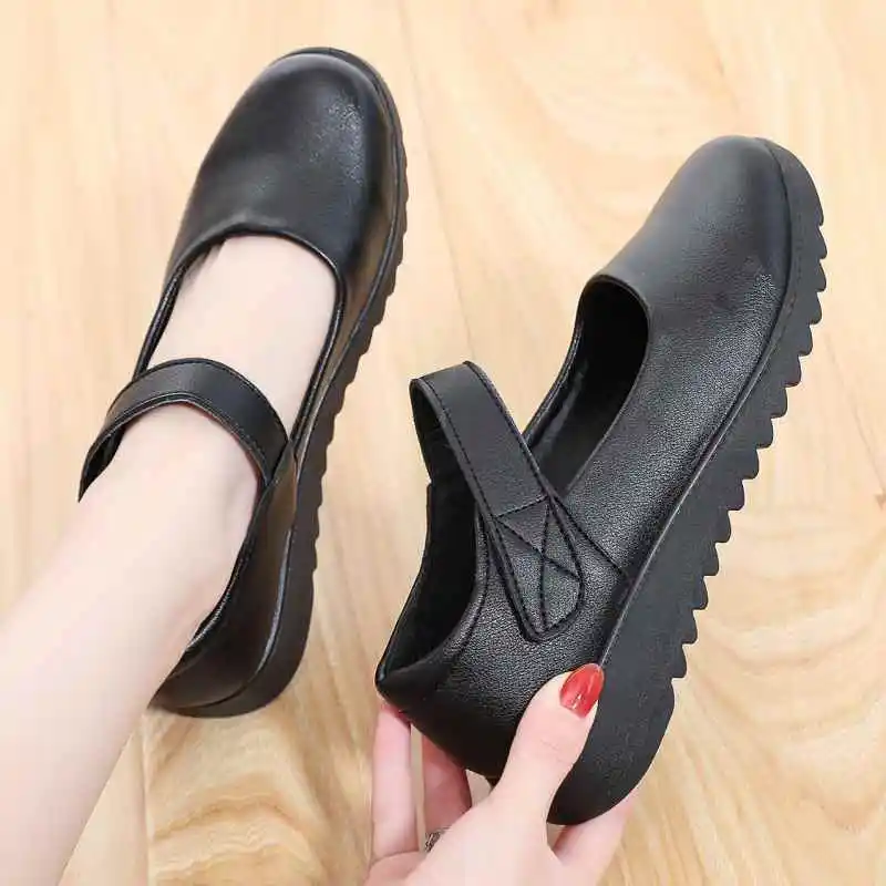 

New wedge mary janes loafers woman black closed toe mules summer ladies hook loop soft leather moccasins
