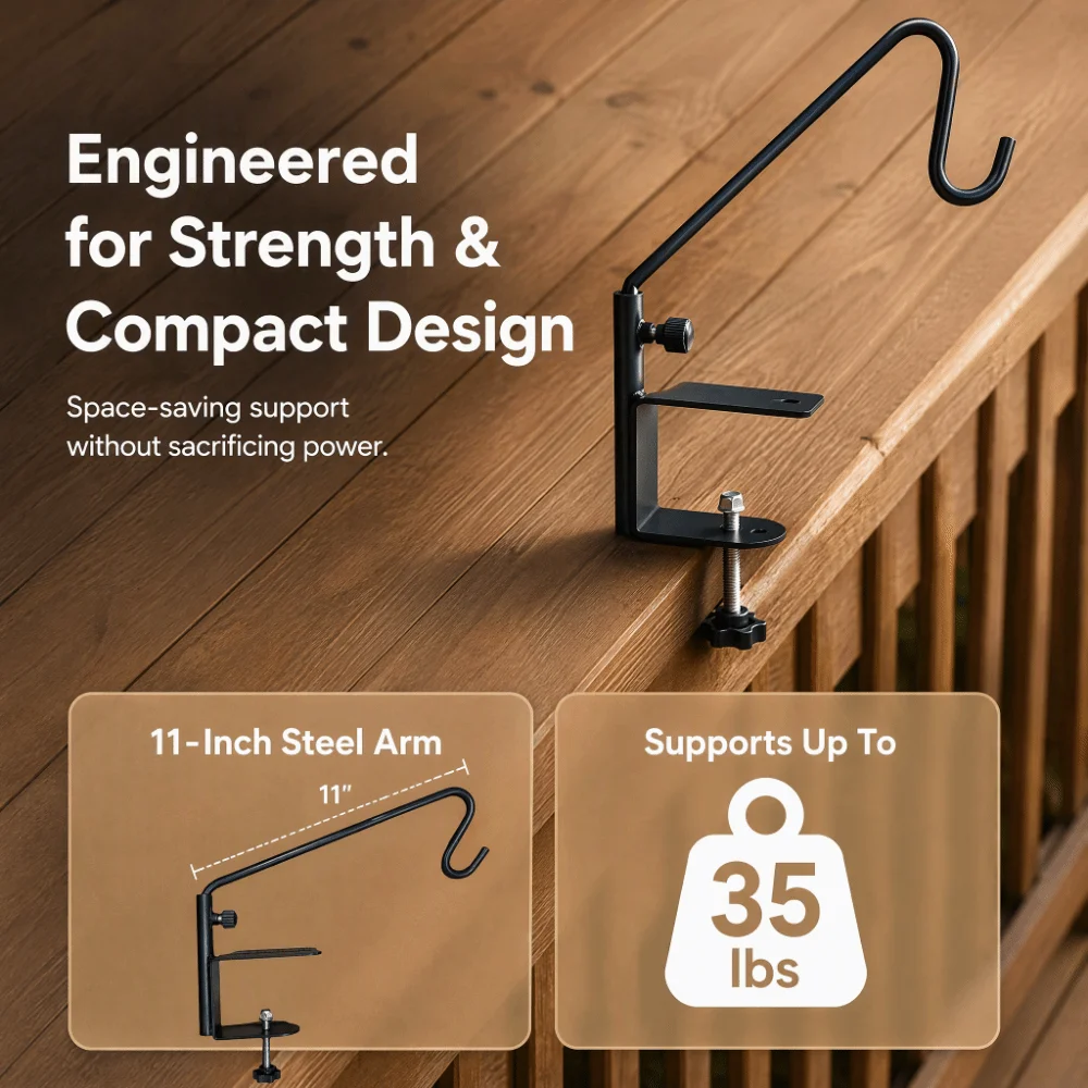 Heavy Duty 11 Inch Deck Railing Hook Mount Steel Adjustable Deck Hanger 3 Inch Clamp Bird Feeder Hanger For Wind Chimes