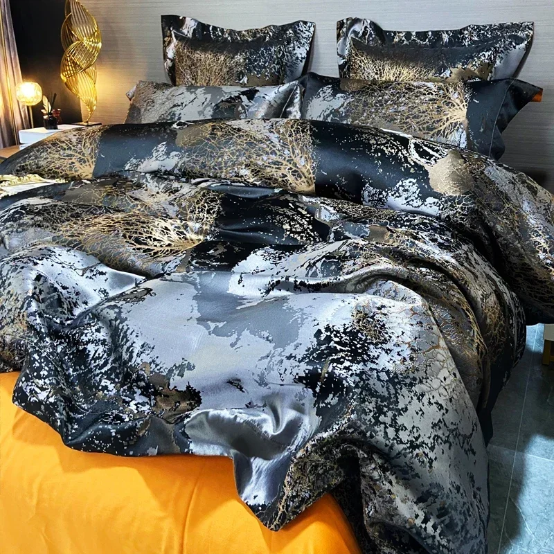 Luxury Jacquard and Egyptian Cotton Bedding Set, Satin Duvet Cover Set, Bedlinen Fitted Sheet With Pillowcases, Black and Gold