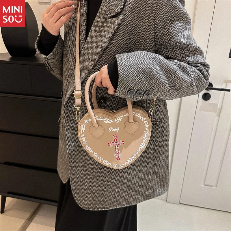 Miniso 2025 Punk Heart Box Bag, Gothic Cross Shoulder Purse, Studded Dark Female Handbag