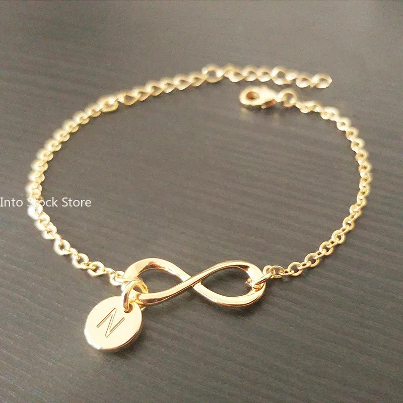 Fashion Carving Letters on Round Pendant Bracelets Women Men Transverse 8 Infinity Lucky ∞ Symbol Gold Color Bracelet Jewelry