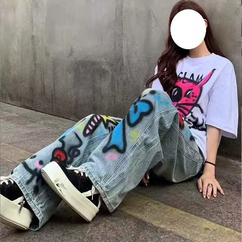 Jeans Y2K Hello Kitty Donna Anime Sanrios Kawaii Pantaloni vintage stile americano Primavera Autunno Pantaloni larghi a vita alta