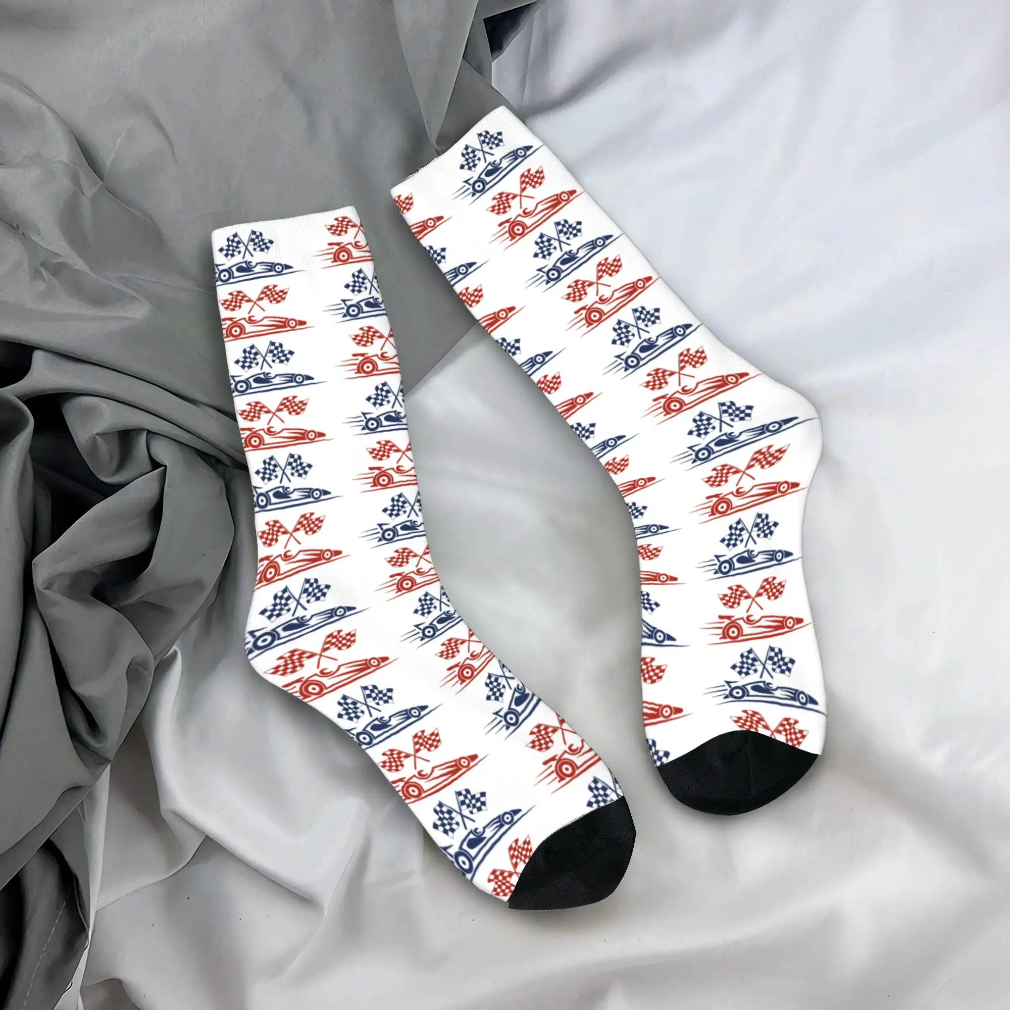 Two Color Version Formula Race Car With Crossed Checkered Flags Graphic Socks  Anti Skid Stockings Men Soft Breathable Socks