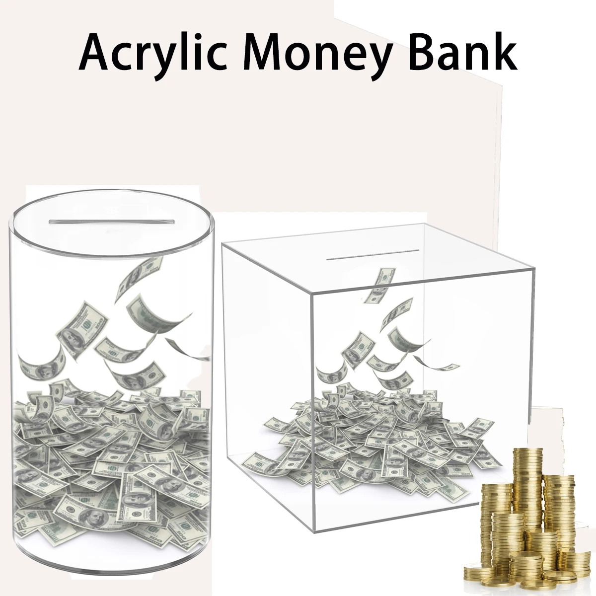 صندوق حصالة من الأكريليك الشفاف للبالغين والأطفال، صندوق توفير المال قابل لإعادة الاستخدام، فواتير العملات المعدنية، آمن للمال