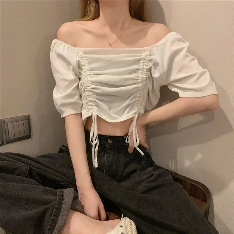 Summer New Drawstring Pleated Short Tops Short Sleeve Solid Color Loose All-match Sexy T Shirts Sweet Fashion Women Clothing