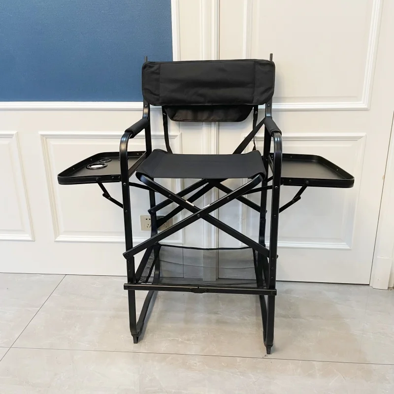 Silla de Director alta portátil para acampar al aire libre, silla de maquillaje profesional plegable con marco de aluminio, Color negro con mesa lateral