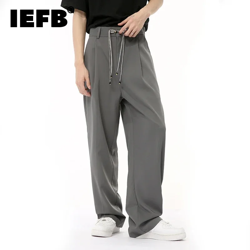 

IEFB Male Gray Suit Pants New Chinese Style Knot Button Straight Wide Leg Loose Casual Men's Trousers Summer 2024 Fashion 9C6684