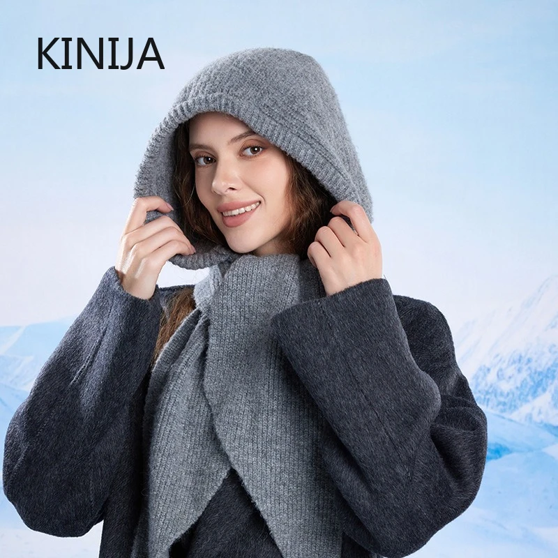 Knitted Winter Balaclava Thickened One-Piece Scarf Cap Hooded Y2K One Size Gray Cheers.US Soft Warm Beanies Hooded Scarf Female Hats Autumn  main image 4