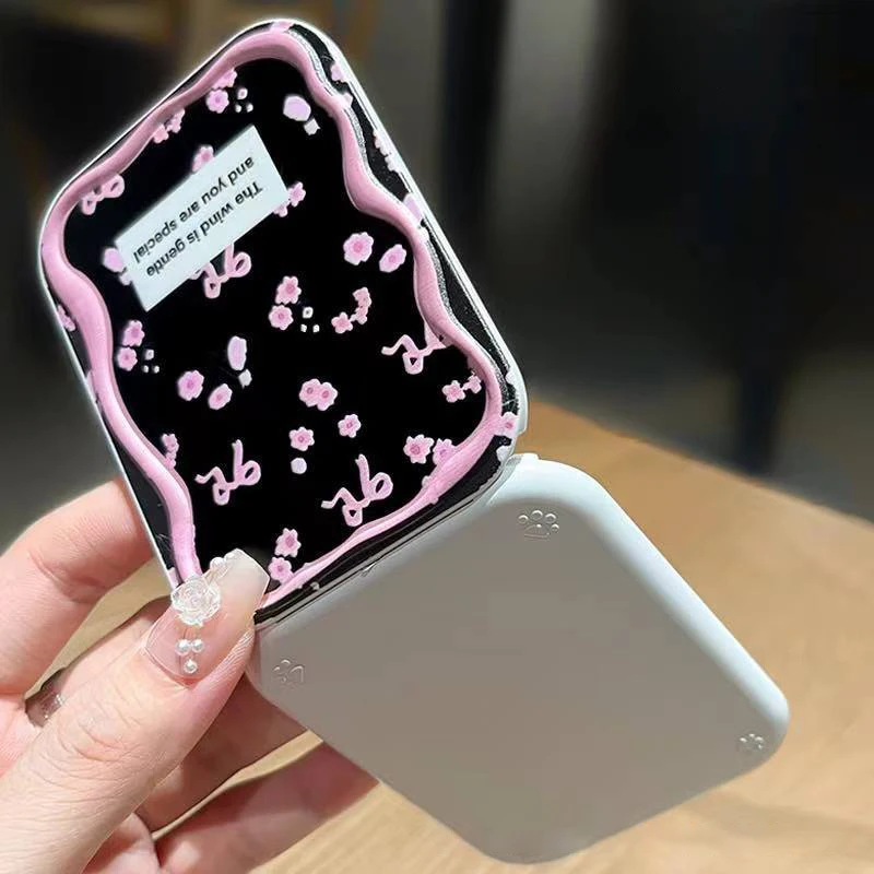 Pink Bow Florals Flip-Top Folding Makeup Mirror Portable Pocket Mirror Women Rectangle Cosmetic Make Up Mirror With Comb