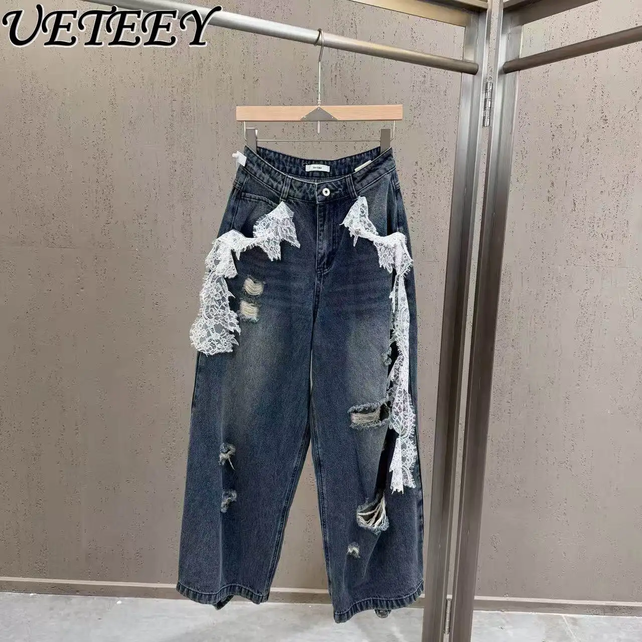 

2026 Spring Summer Lace Patchwork Jeans Women's Unique Design Distressed Denim Pants Female Oversized Straight Wide Leg Trousers