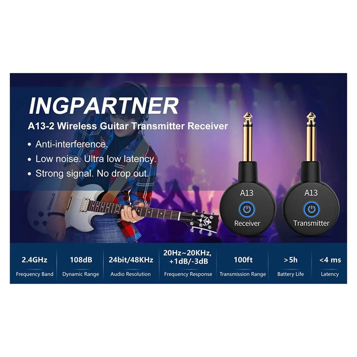 

2-в-1 2,4 ГГц Беспроводная гитарная система 48 кГц Аудио Беспроводной гитарный передатчик Приемник Усилитель для электрогитары