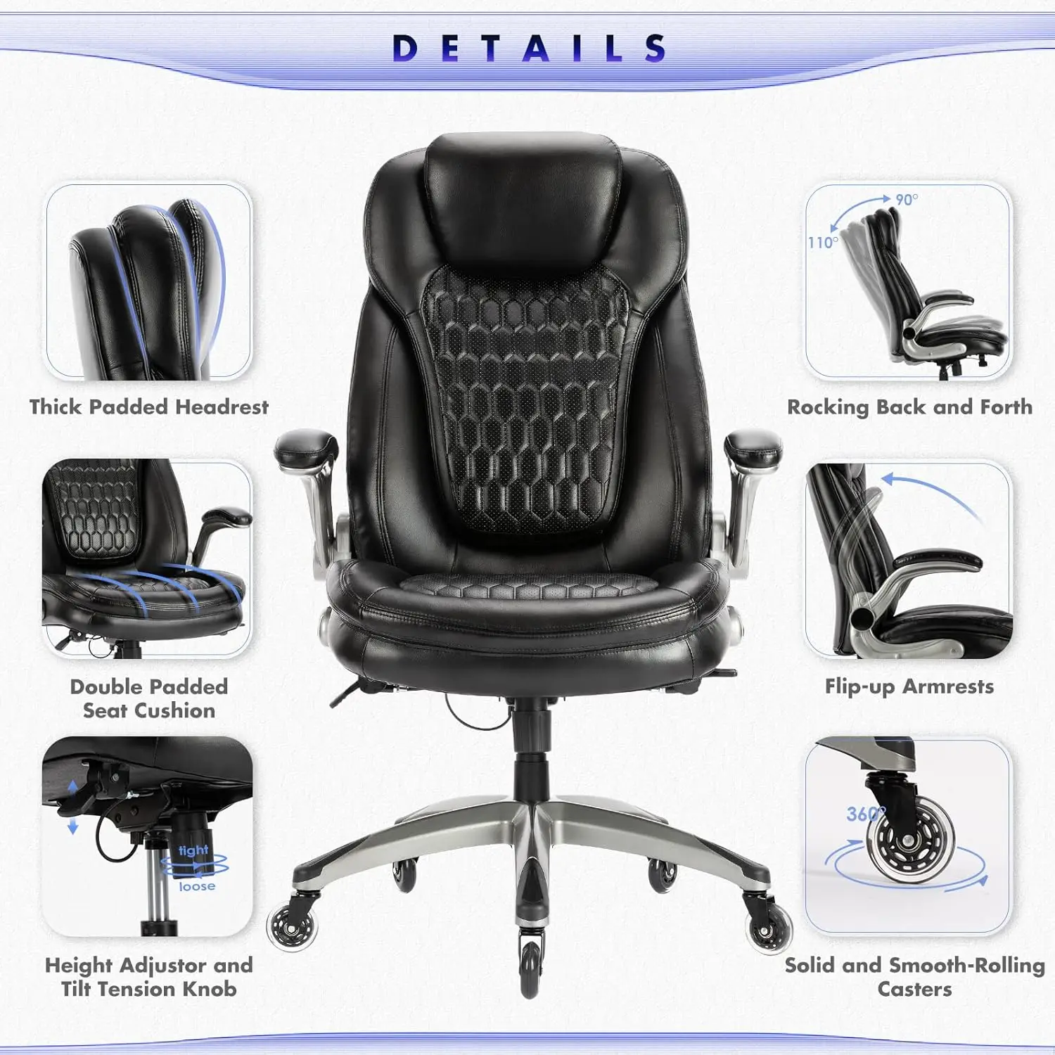 Office Chair-Ergonomic Computer Desk Chair with Thick Seat for Comfort, High Back Executive Chair with Padded Flip-up Arms