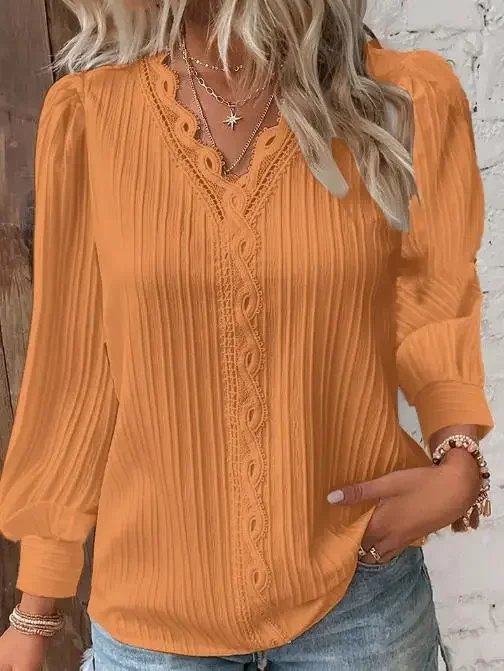 Mode Vrouw Blouses 2024 Herfst Lange Mouw V-Hals Kanten Paneel Shirt Casual Basics Pullover Tops Dames T-Shirt Kleding