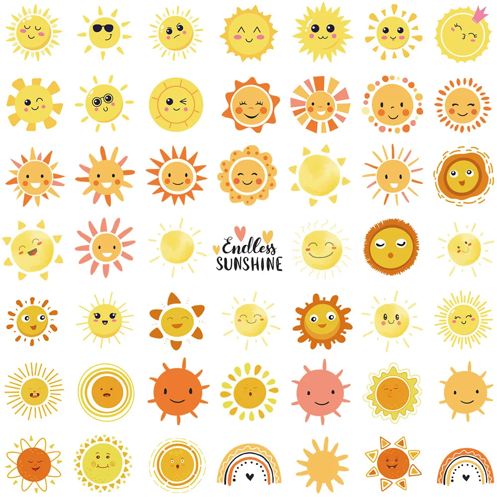 Cartoon Sun Stickers for Kids, Stationery, Suitcase, Laptop, Phone, Scrapbooking Material, Craft Supplies, Sticker, 50Pcs