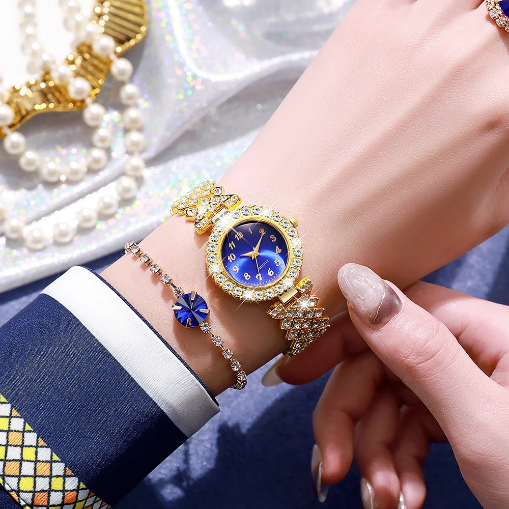 5Pcs Luxury Watches for Women Steel Casual Rhinestone Ladies' Quartz Wristwatch Crystal Necklace Ring Earrings Jewelry Set +Box