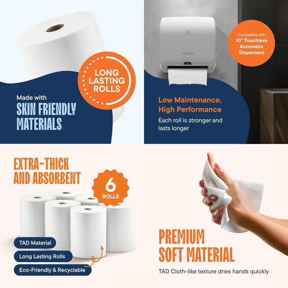 

Высококачественные белые промышленные бумажные полотенца, 10 рулонов по 800 листов, текстура Premium TAD, совместимы с бесконтактными диспенсерами (6 шт.)