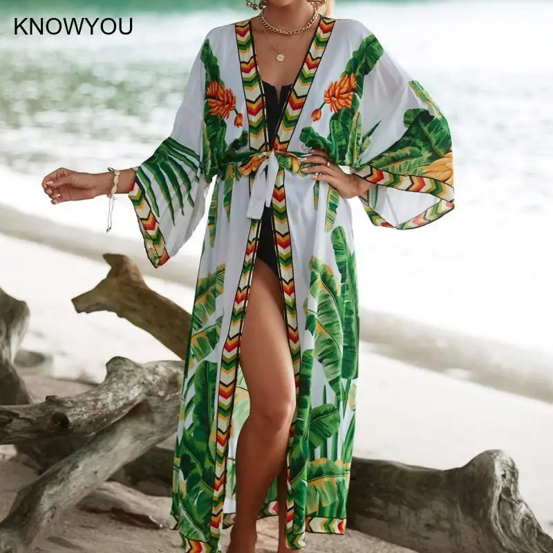 2025 New Rayon Printed Beach Coat Loose Bikini Bikinis Set Swimwear Cover Up Long Kimono Vacation Bikini Outgoing Cover Ups