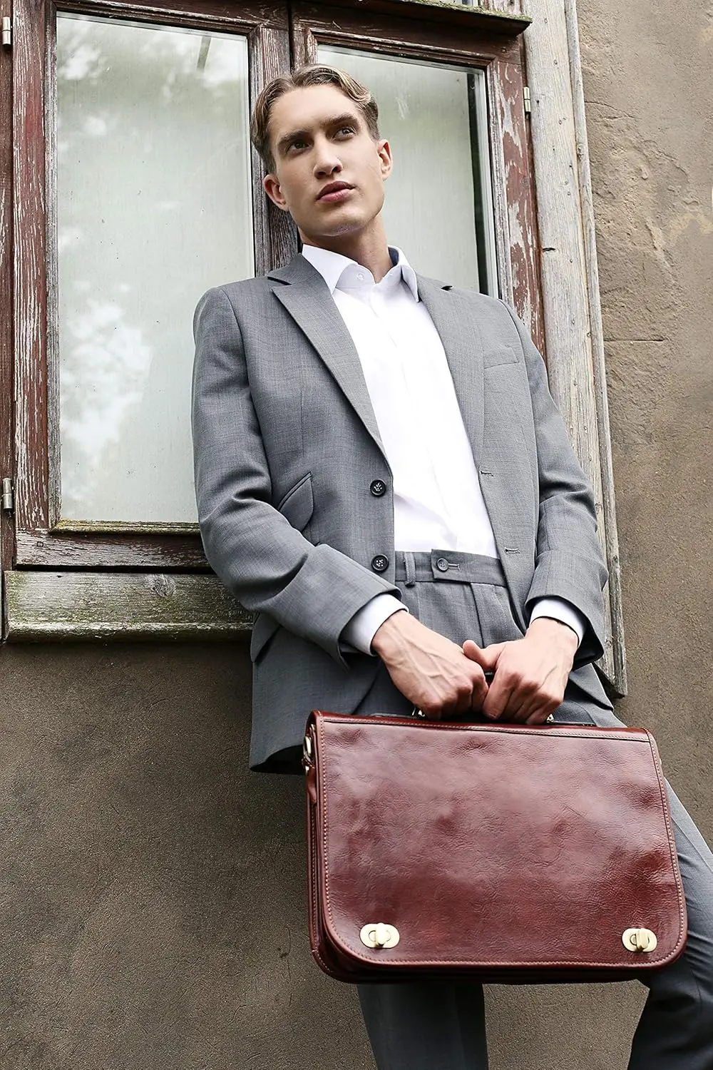 Leather Briefcase for Men - Italian Full Grain Leather Laptop Bag - Messenger Bag - Gift Box Included