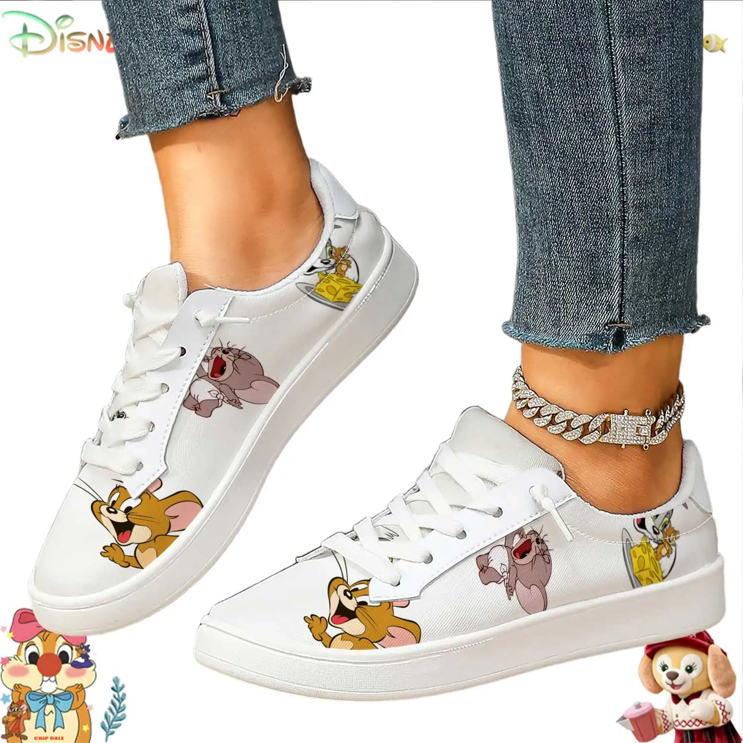 

Cute Jerry Mouse & Cheese Print Women's White Lace-up Casual Sneakers Comfortable Flat Shoes