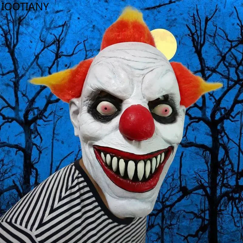 IOOTIANY Scary Ghost Clown Cosplay Mask Face Fancy Dress Party Props Adult Latex With Hair Halloween Masks Props Rave Outfit New