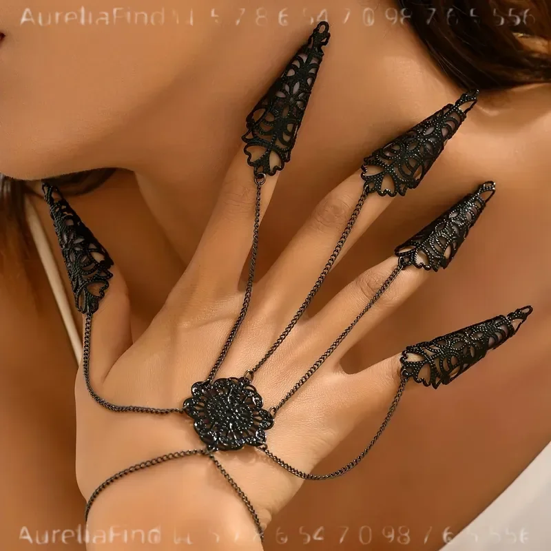 Black Gothic Hollow Out Tassel Armor Ring European American Halloween Patterned Fashion Party Jewelry for Women Men