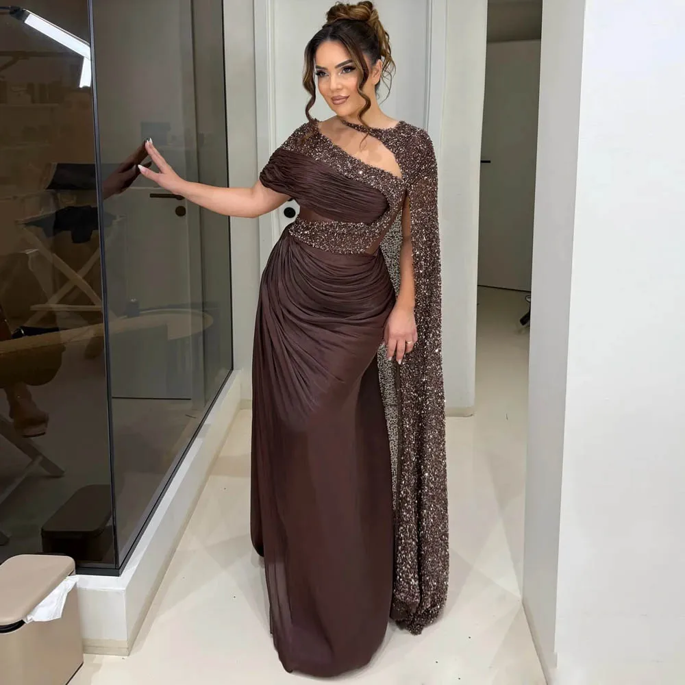 

Customized Brown Evening Dresses with Cape One Shoulder Draped Formal Occasion Dress for Women Pleated Satin vestidos de fiesta