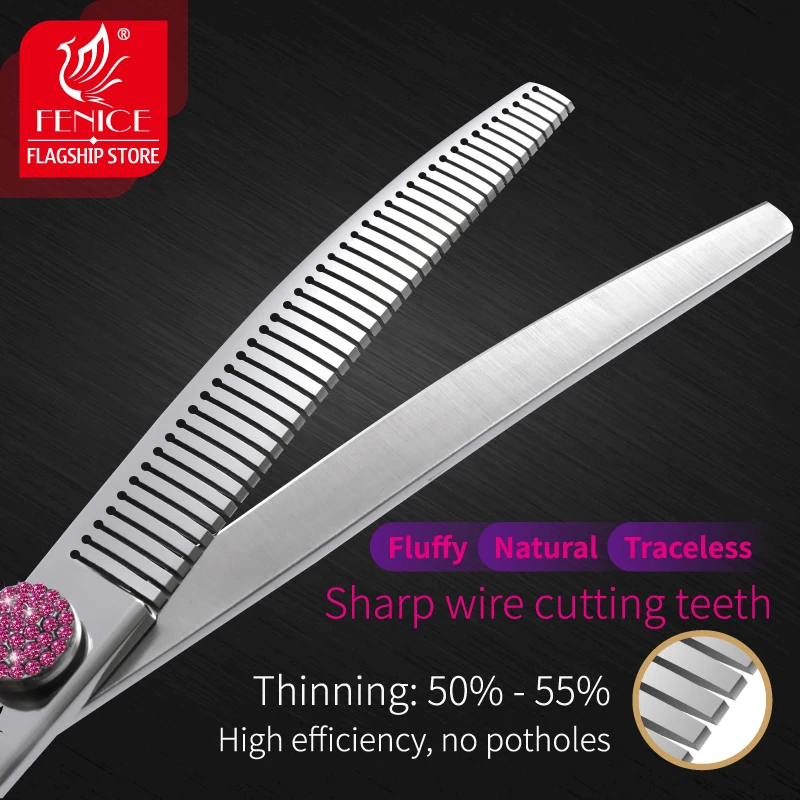 Fenice JP440C 6.5/7/7.5 inch Pet Scissors Grooming Curved Thinner Shears Trimmers for Dogs Fluffy Traceless Thinning Rate 50-55%