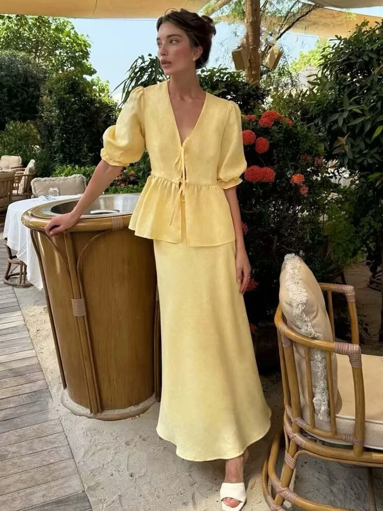 HH-Top de algodón con cordones y mangas abullonadas para mujer, camisa de estilo francés + traje de falda ajustada a la cadera con cola de pez elegante y Sexy, moda de verano