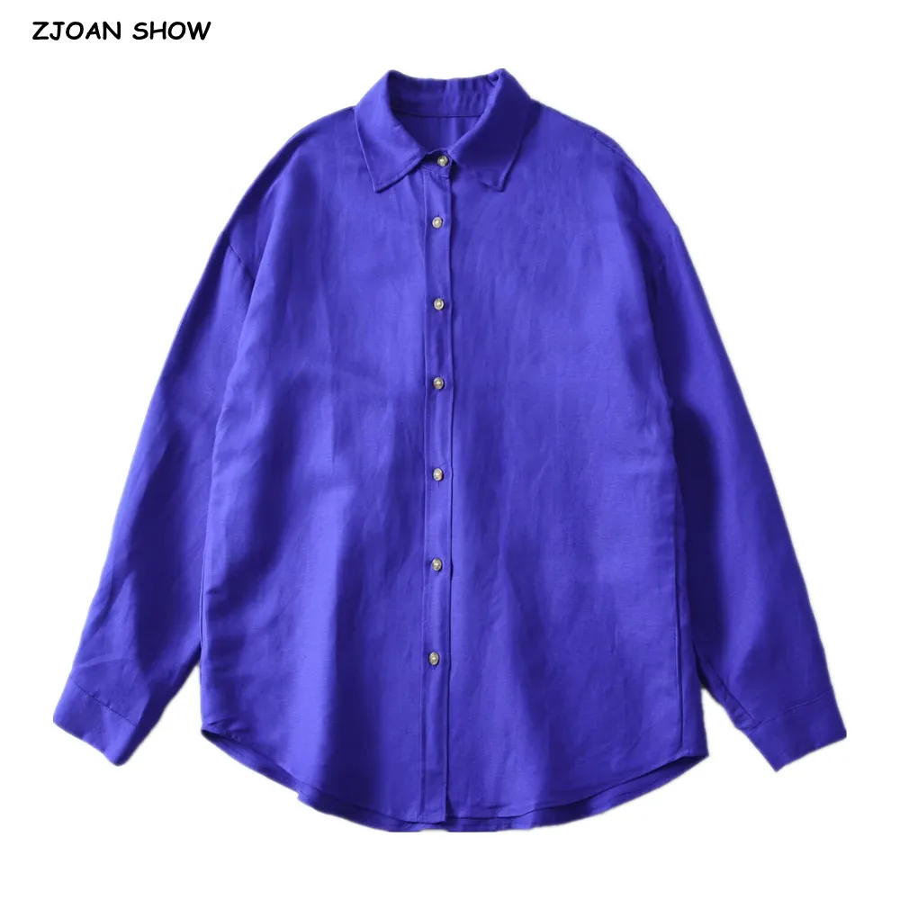 

2025 Autumn CHILL Navy Blue Long Sleeve Linen Shirt Women Single-Breasted Buttons Lapel Loose Oversized Blouses CHIC Tops