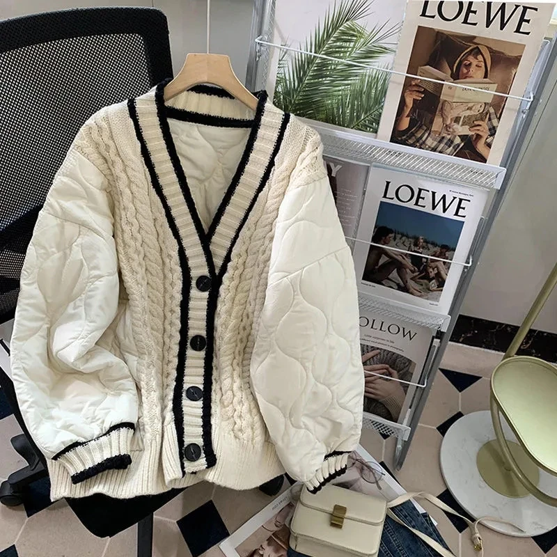 

Jacket Women Korean Fashion Patchwork Sweater Cardigan 2023 Autumn Winter New Jackets Loose LongSleeve All-match Knit Top Coat