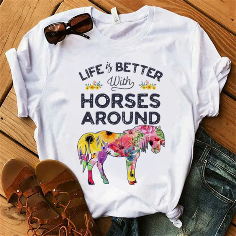 

Live Better with Horse Print Women T Shirt Short Sleeve O Neck Loose Women Tshirt Ladies Tee Shirt Tops Clothes Camisetas Mujer