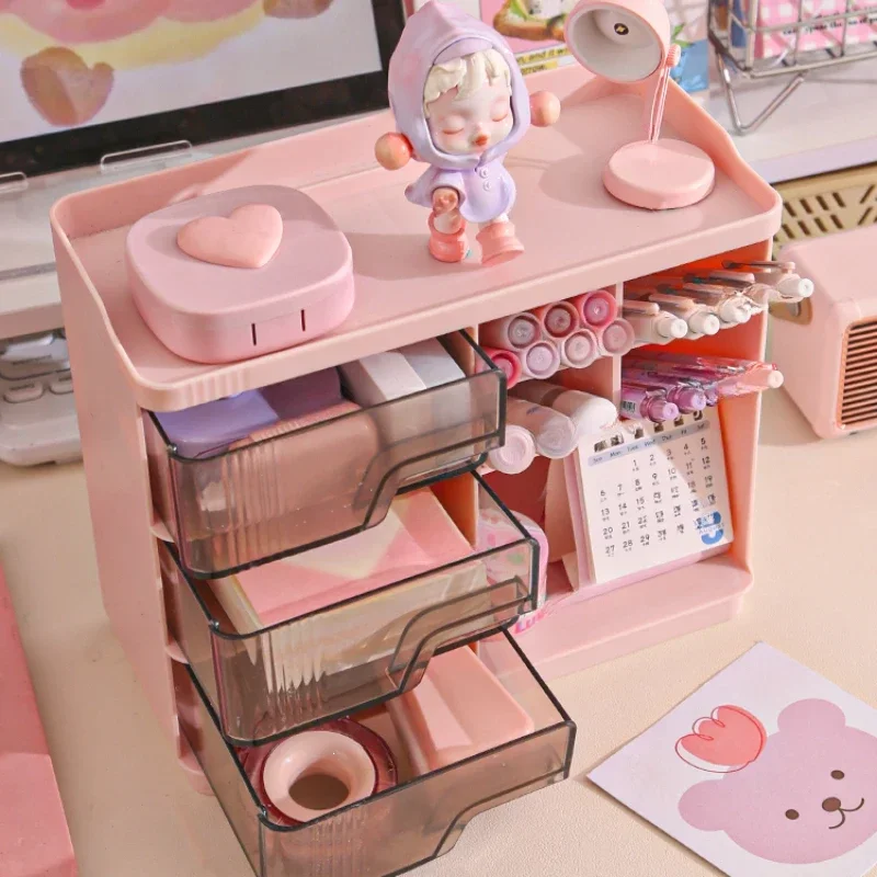 Cute Stationery Storage Box Organizer Multi-funct Desktop Drawer Oblique Pen Holder Office Dust-proof Storage Rack Organization