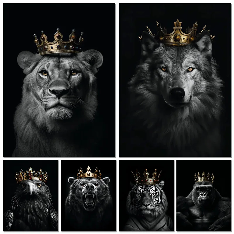 

Retro Animal Posters Lion King Tiger Wolf Eagle Bear with Crown Diamond Painting and Prints Motivational Picture Room Home Dec