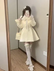 French Princess Y2k Dress Women Woolen Coat Autumn Winter Slim Waist Faux Fur Collar Double-breasted White Dress Vestidos Mujer