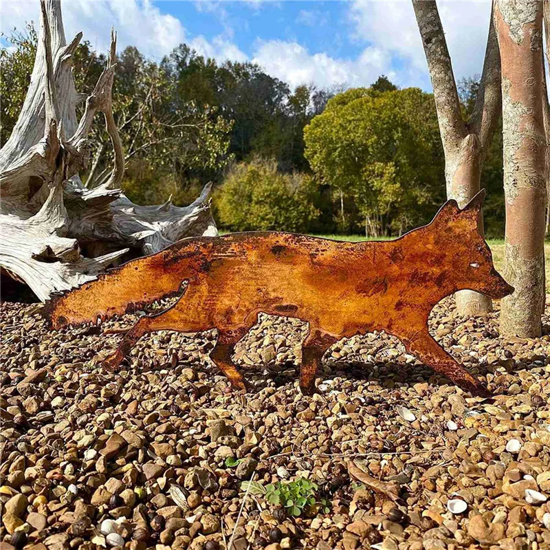 

WORTHOWN-2X Sneaky Rustic Metal Fox Garden Decoration With Stakes-Woodland Animals Yard Gift B