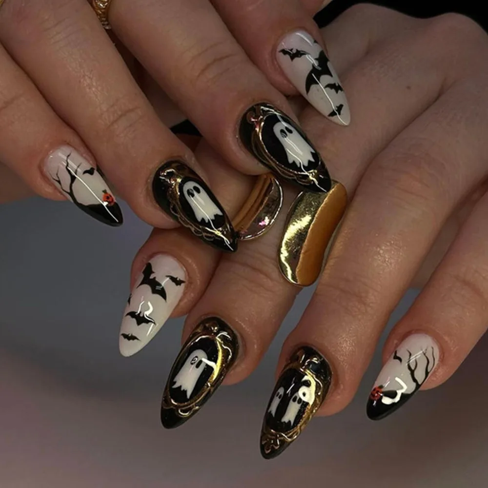 

24PCS Dark Black Bat Medium Almond Stick on False Nails with Ghost Patterns 3D Relief French Fake Nail Halloween Wearable Nails