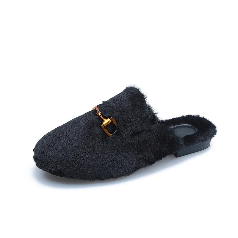 Women's Plush Flat Slippers Winter Home and Outdoor Shoes Metal Decorative Design Casual and Office Mules Large Size 41-44