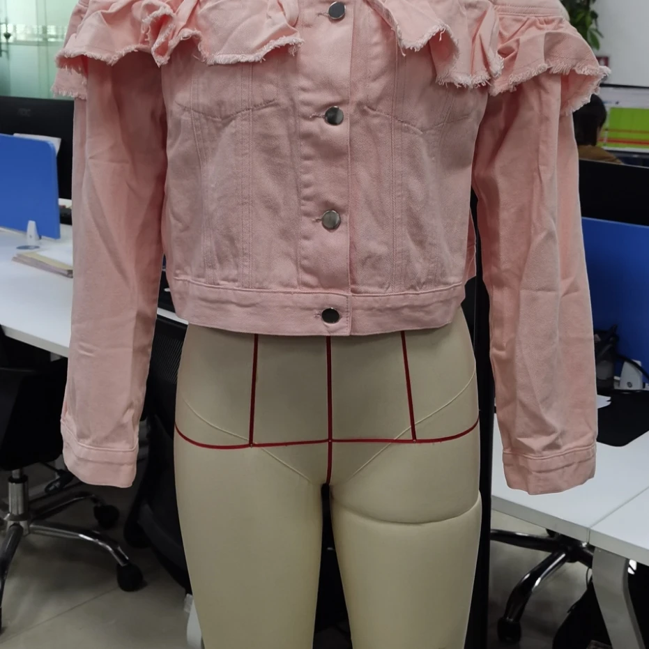 Women's Ruffle Denim Jacket Long Sleeve Turn Down Collar Button Down Jean Jacket Biker Coat