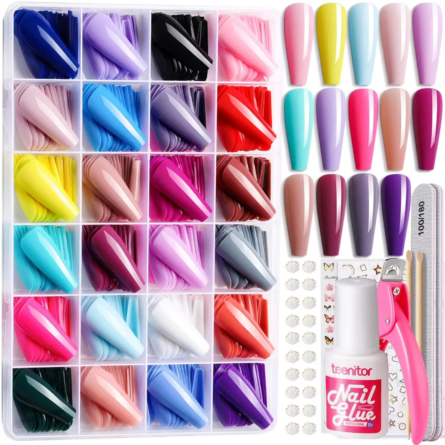 

576pcs Full Cover Coffin Press On Nails, 24 Colors Long Fake Nails Kit with Glue & Tools