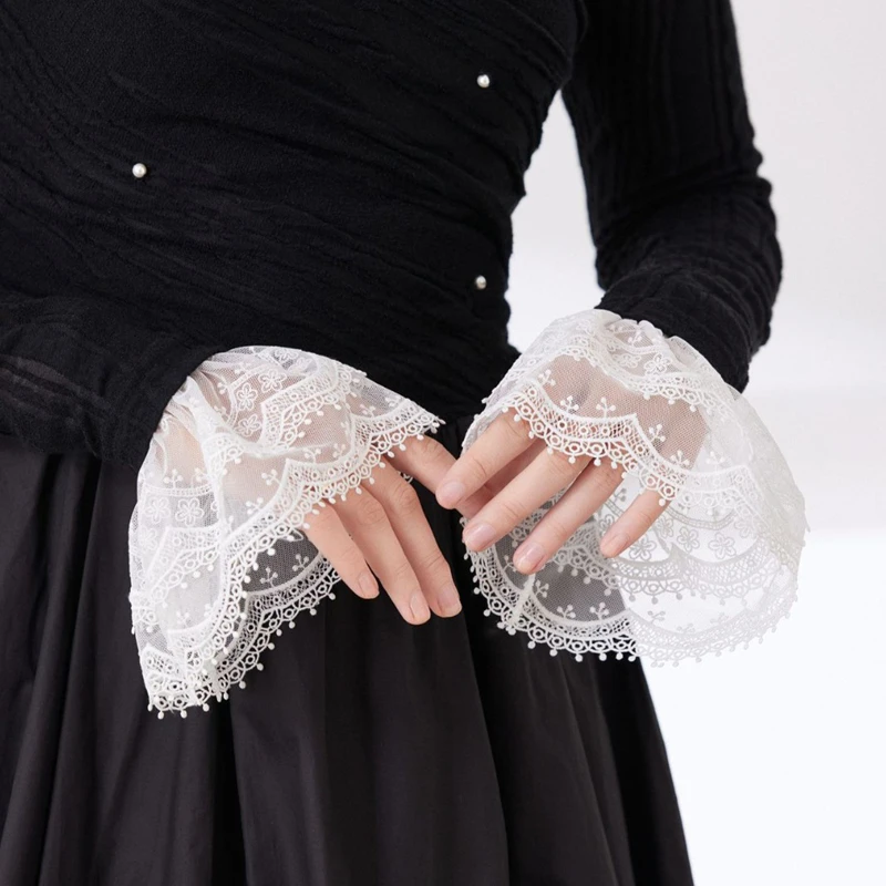 Elegante romantische Mesh-Spitze, abnehmbare mehrlagige Rüschen, gefälschte Ärmel, süße Dekoration, Pullover, elastisches Handgelenk, Hornmanschetten