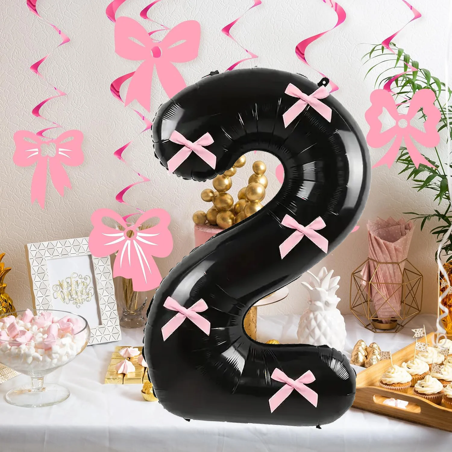 7 sztuk 32-calowych czarnych cyfrowych balonów z folii aluminiowej z różowymi kokardkami, odpowiednich do dekoracji urodzinowych i rocznicowych — zdjęcie 5