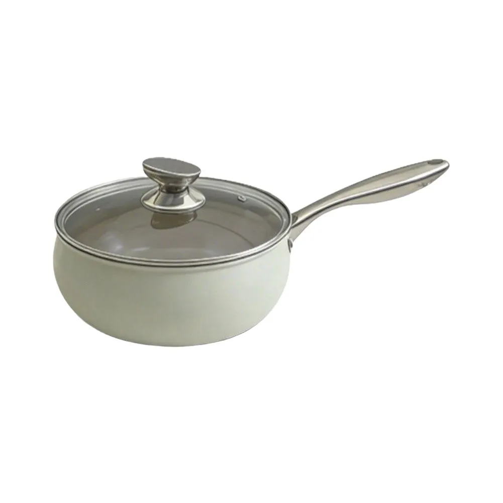 Home Cooking Metal Pot with Curved Body Single Metal Handle and Heat Resistant Glass Lid for Soup Noodle Stir Fry 44.2x24x12cm