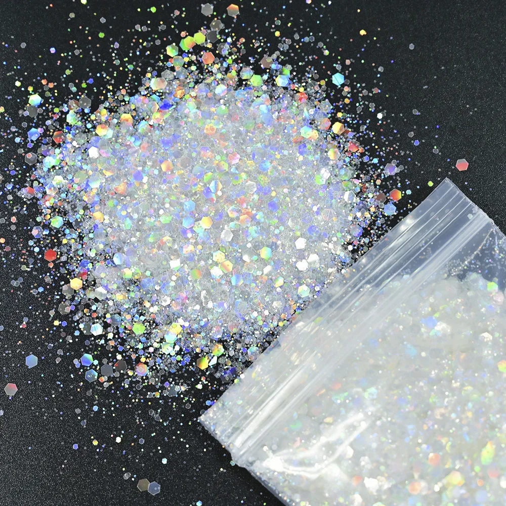 50g/bag Sparkly Iridescent Sequins Nail Glitter Holographic White Hexagon Nail Art Flakes Powder Ice Series Nail Art Decoration