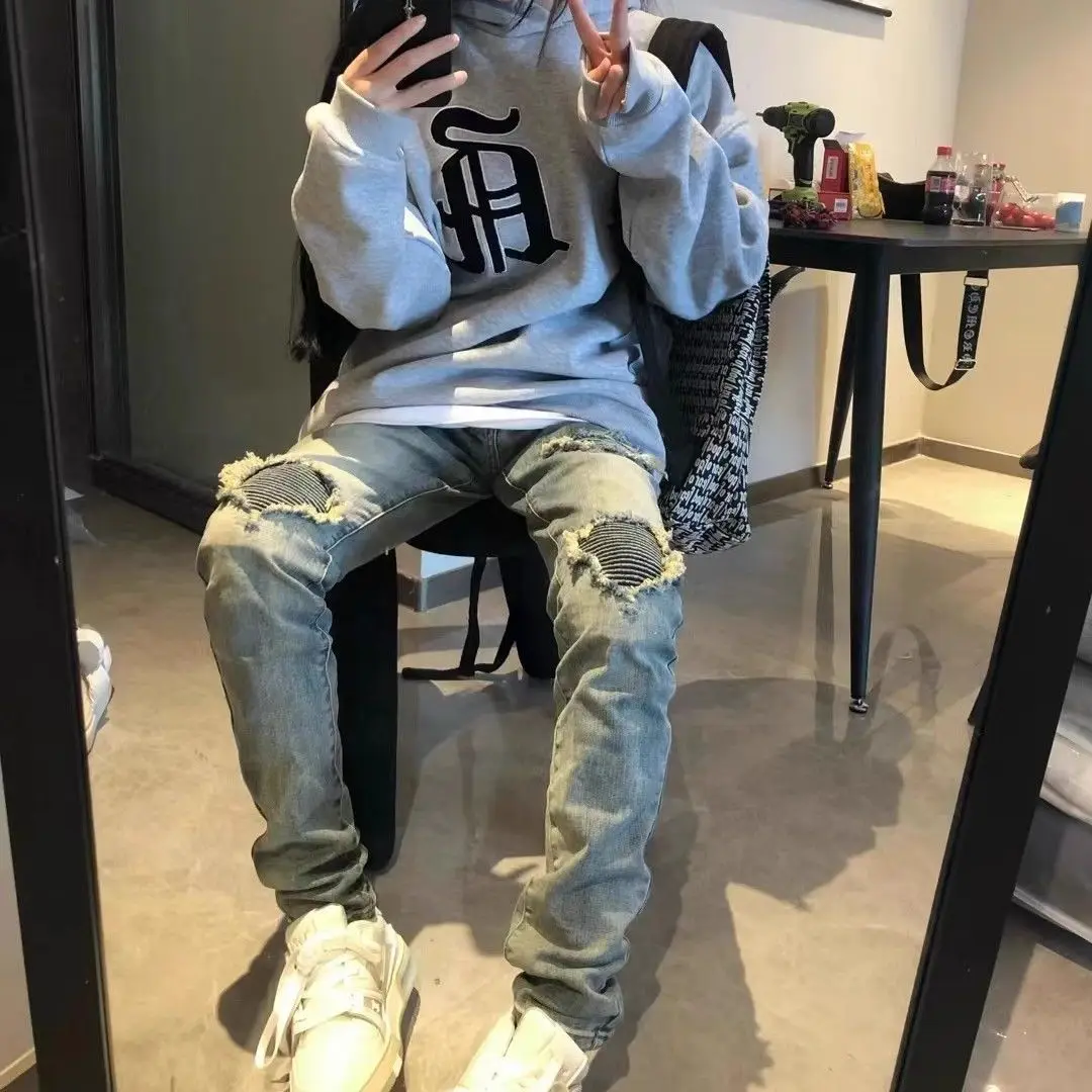 

Slim Fit Men's And Women's High Street Denim Jeans Faux Ripped Crease Resistant Long Pants Youthful Trendy Straight Leg Jeans