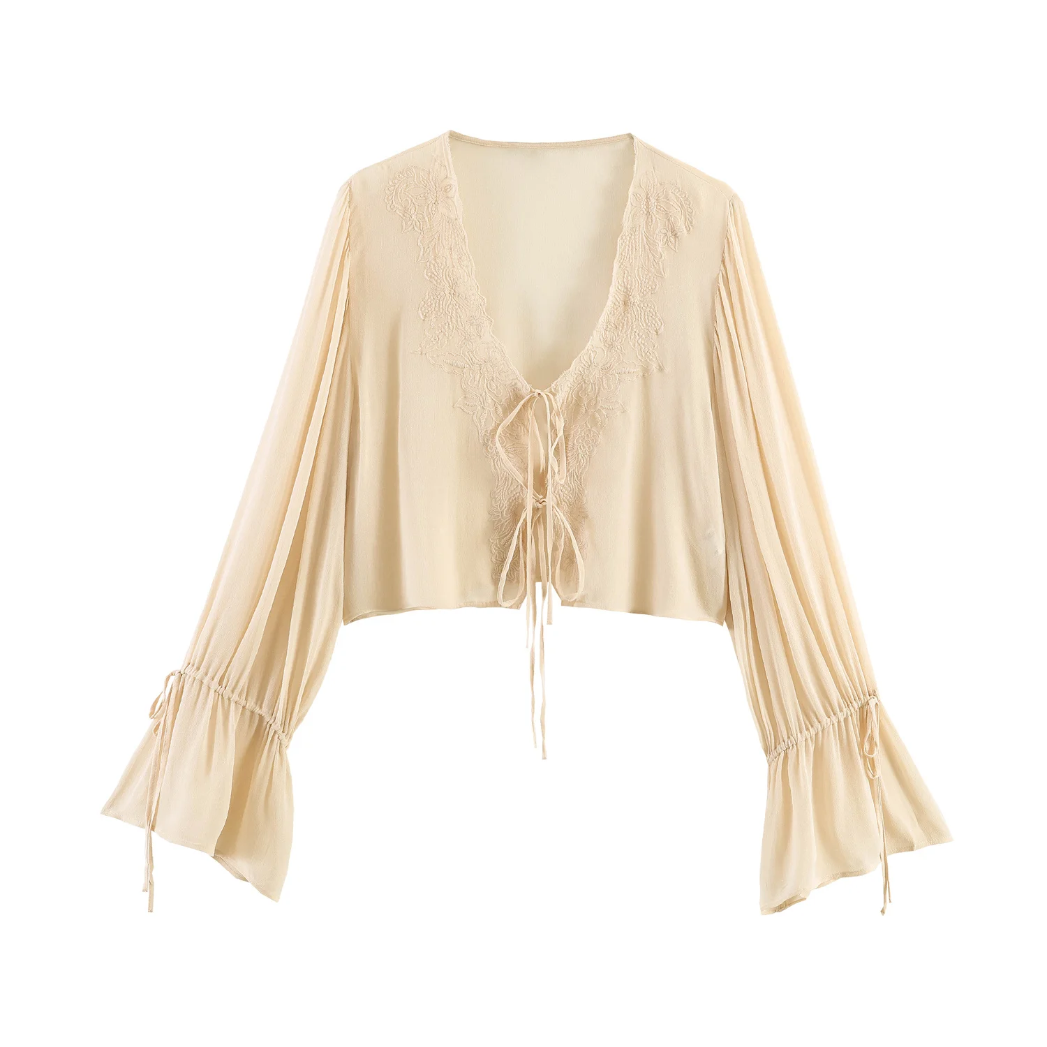 

WOMAN 2026 Summer New Fashion Bow Embroidered Blouses Retro V Neck Long Sleeve Lace-up Casual Female Shirts Blusas Chic Tops