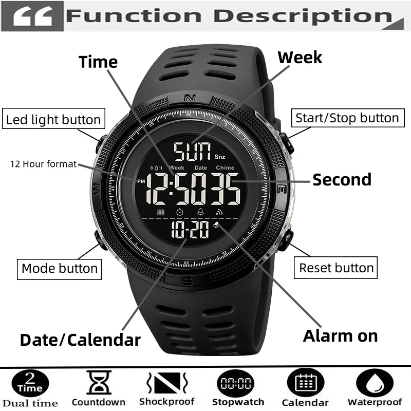 Skmei Dual Time Zone Mens Military Sports Watch 12/24 Hour Format Fashion TPU Band Big Size Dial Led Swimming Digital Wristwatch