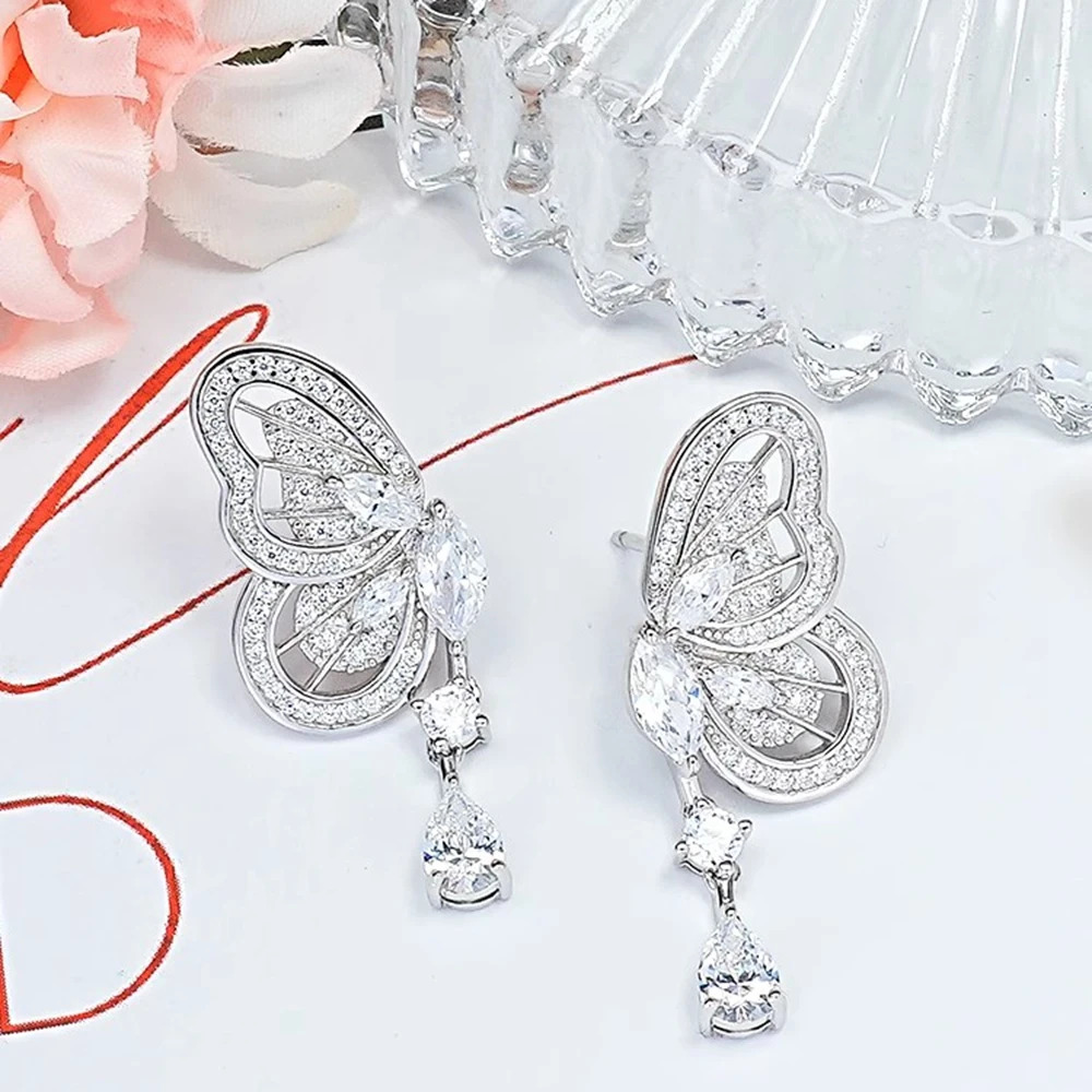 PuBang Fine Jewelry Luxury 925 Sterling Silver Created Moissanite Butterfly Drop Earrings for Women Engagement Anniversary Gifts