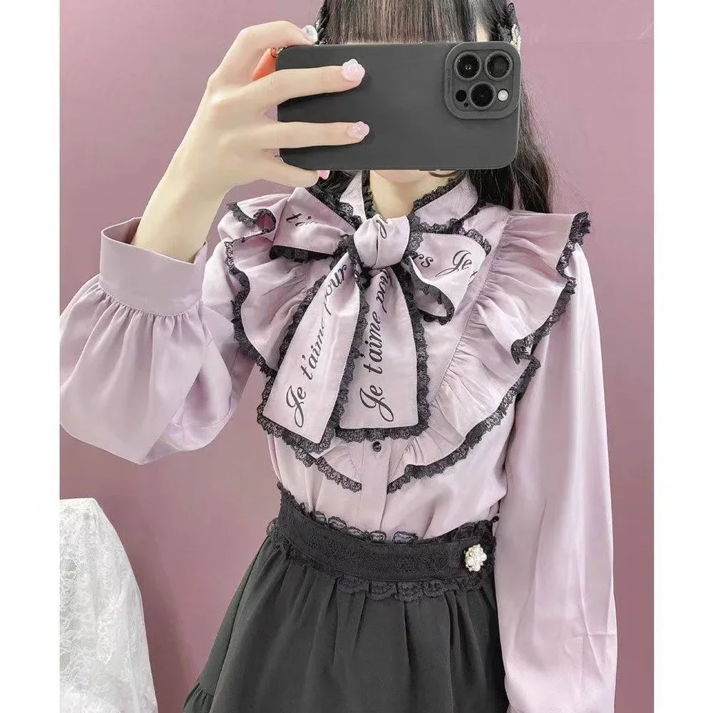 Imagem -02 - Blusa Rosa com Renda para Mulheres Camisa com Estampa com Gola Borboleta Produção em Massa Tops Doces Lolita Série Mina Primavera e Outono 2023