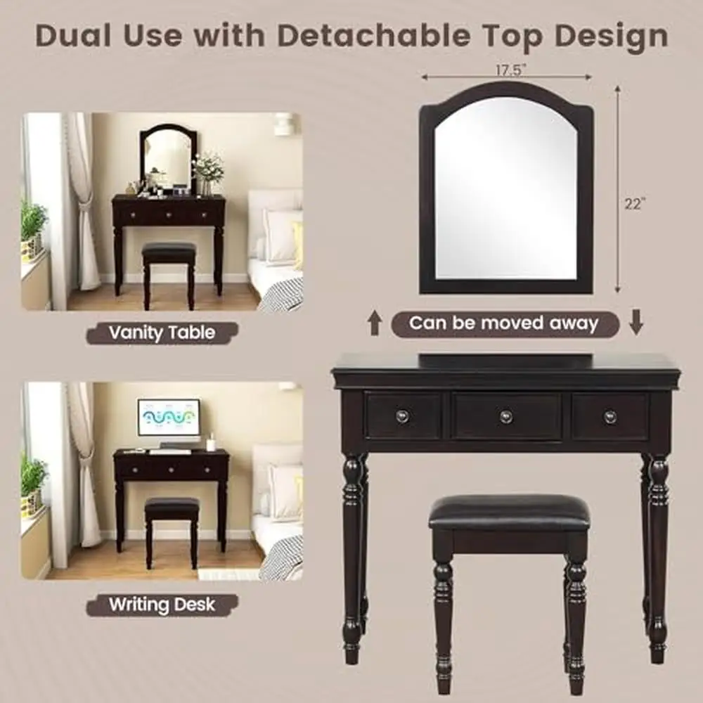 Makeup Vanity Desk Set Mirror Soft Cushioned Stool 3 Drawers Solid Wood Legs Organizer Storage Engineered Non-Slip Ideal Gift